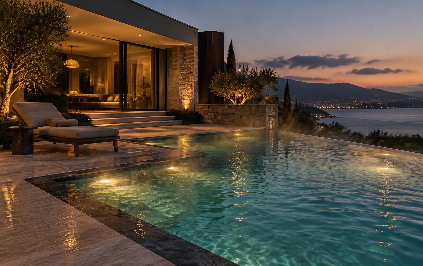 A heated swimming pool glowing warm at dusk